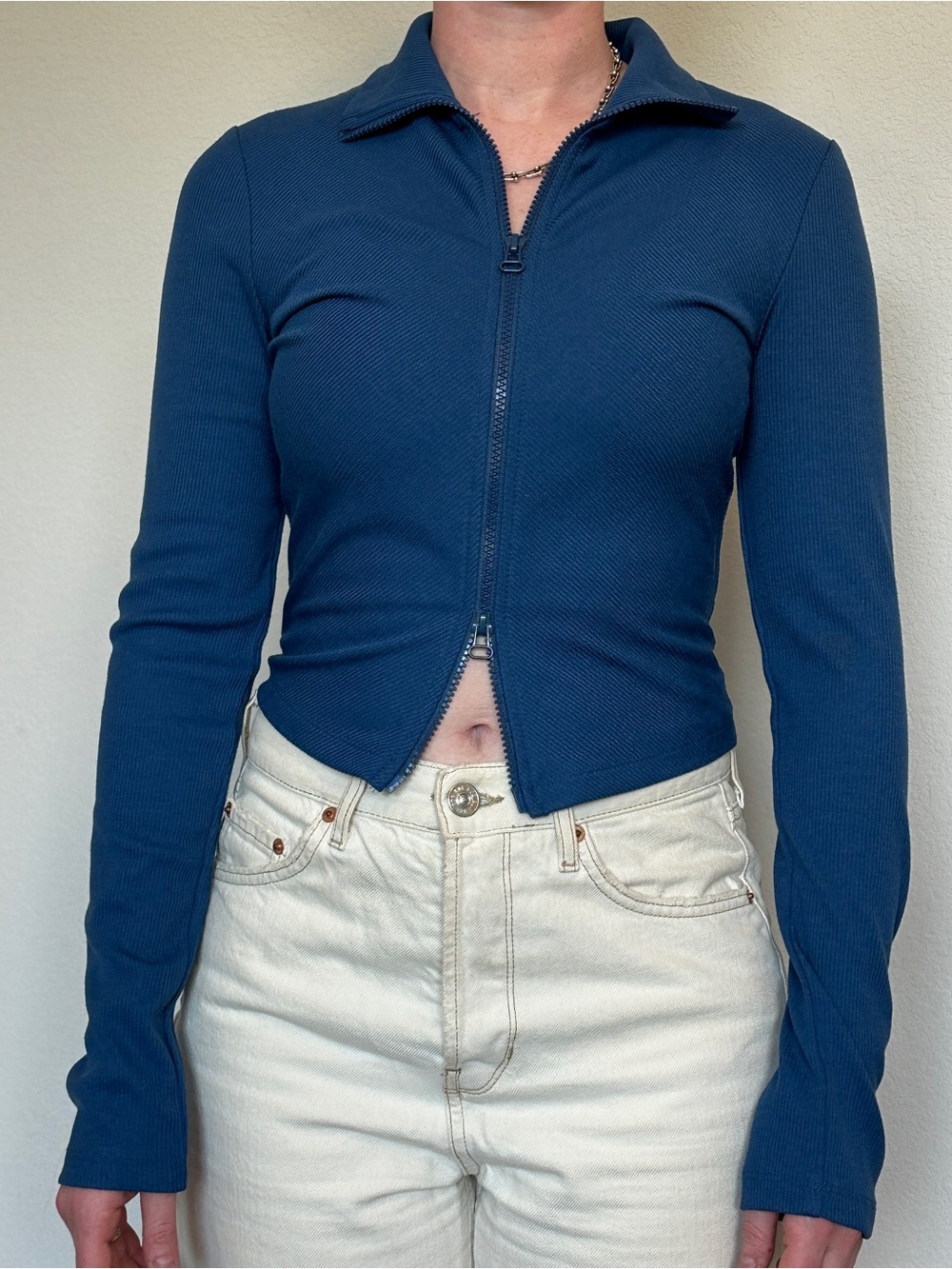 Blue Ribbed Double-Zip Top Urban Outfitters